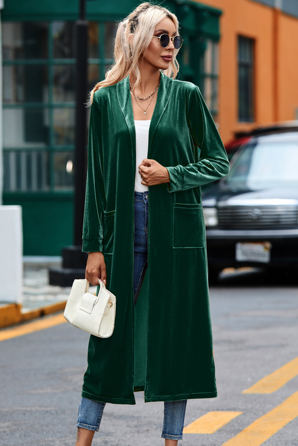 Chic Women's Green Velvet Long Duster Coat with Open Front, Pockets - Stylish and Comfortable Outerwear for Any Occasion