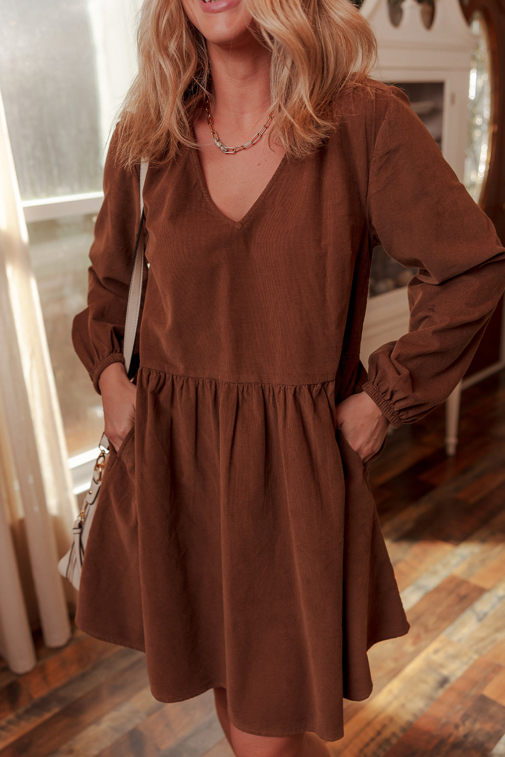 Women's Relaxed Fit Coffee Corduroy V-Neck Long Sleeve Dress - Stylish, Comfortable, Perfect for Everyday Wear