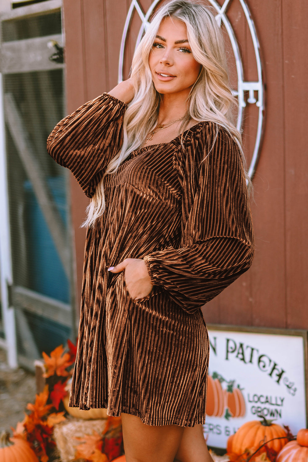 Brown Velvet Babydoll Dress for Women - Flattering Fit, Square Neck, Tie Back Detail for Effortless Chic Style