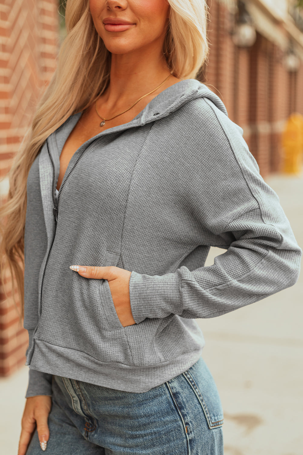 Soft Beige Waffle Knit Jacket for Women - Cozy Relaxed Fit Layering Essential for Year-Round Style and Comfort
