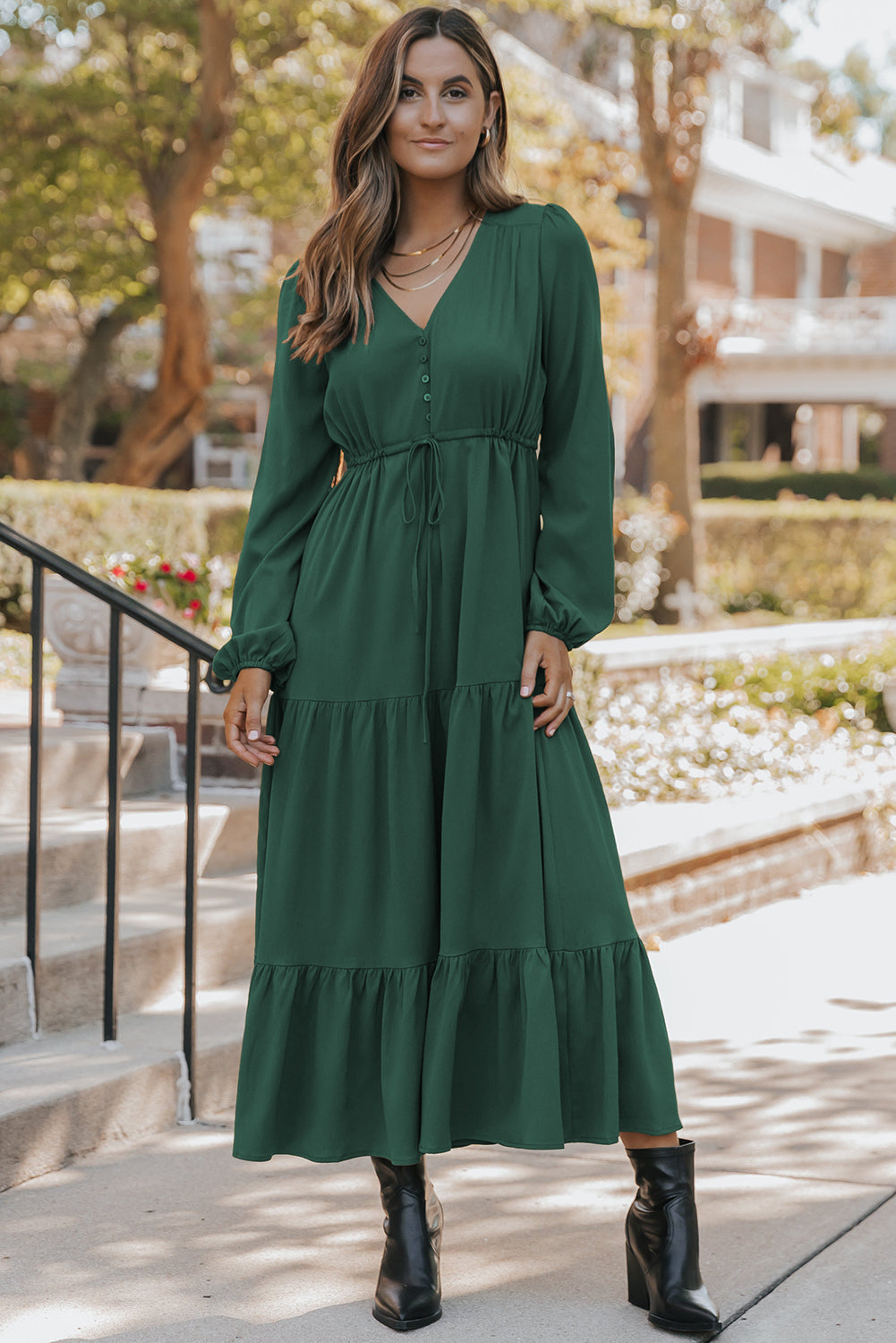 Elegant Blackish Green Tiered Maxi Dress for Women - Long Sleeve, Button V-Neck, Perfect for Special Occasions