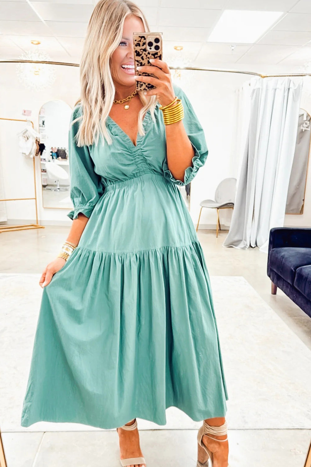 Elegant Women's Canton Color Flared Long Dress with V-Neck, Frilled Puff Sleeves, and Cinched Waist for Summer Style