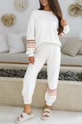 Beige Striped Drop Shoulder Pullover and Jogger Pants Set for Women - Chic Comfy Activewear for Casual Everyday Style