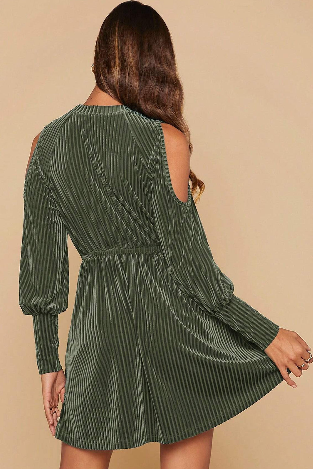 Elegant Women's Mist Green Velvet Cold Shoulder Mini Dress with Flared Hem and Textured Bishop Sleeves