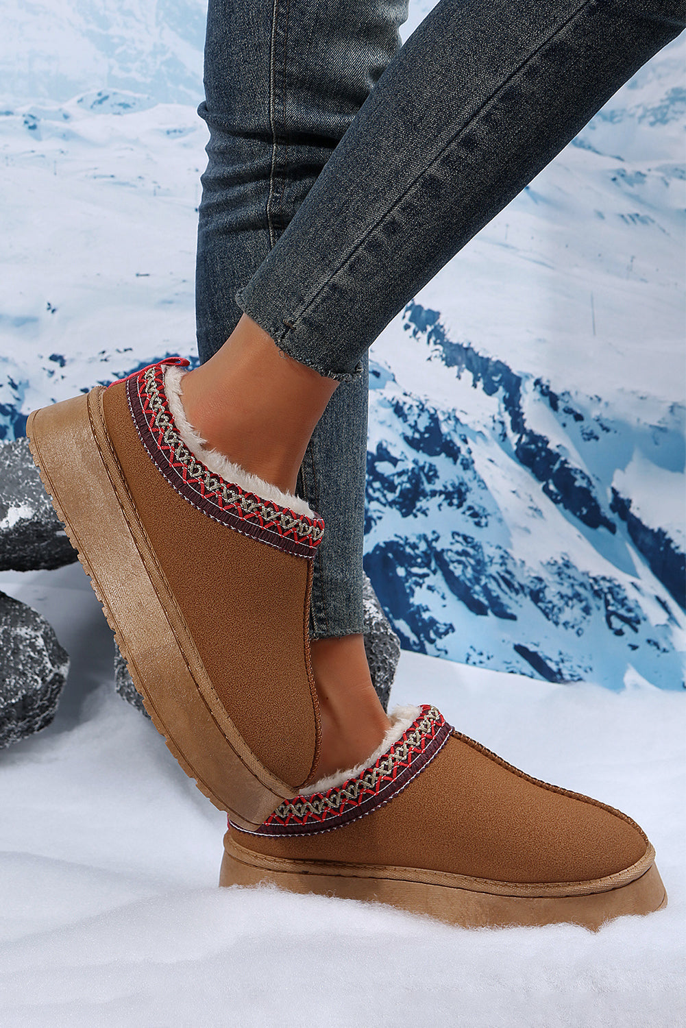 Women's Chestnut Suede Snow Boots with Plush Lining & Trendy Contrast Print for Cozy Winter Style