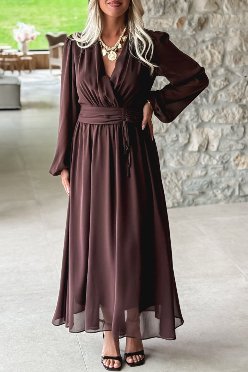 Chic Dark Brown Long Sleeve V-Neck Pleated High Waist Maxi Dress for Women Ideal for Formal and Casual Events