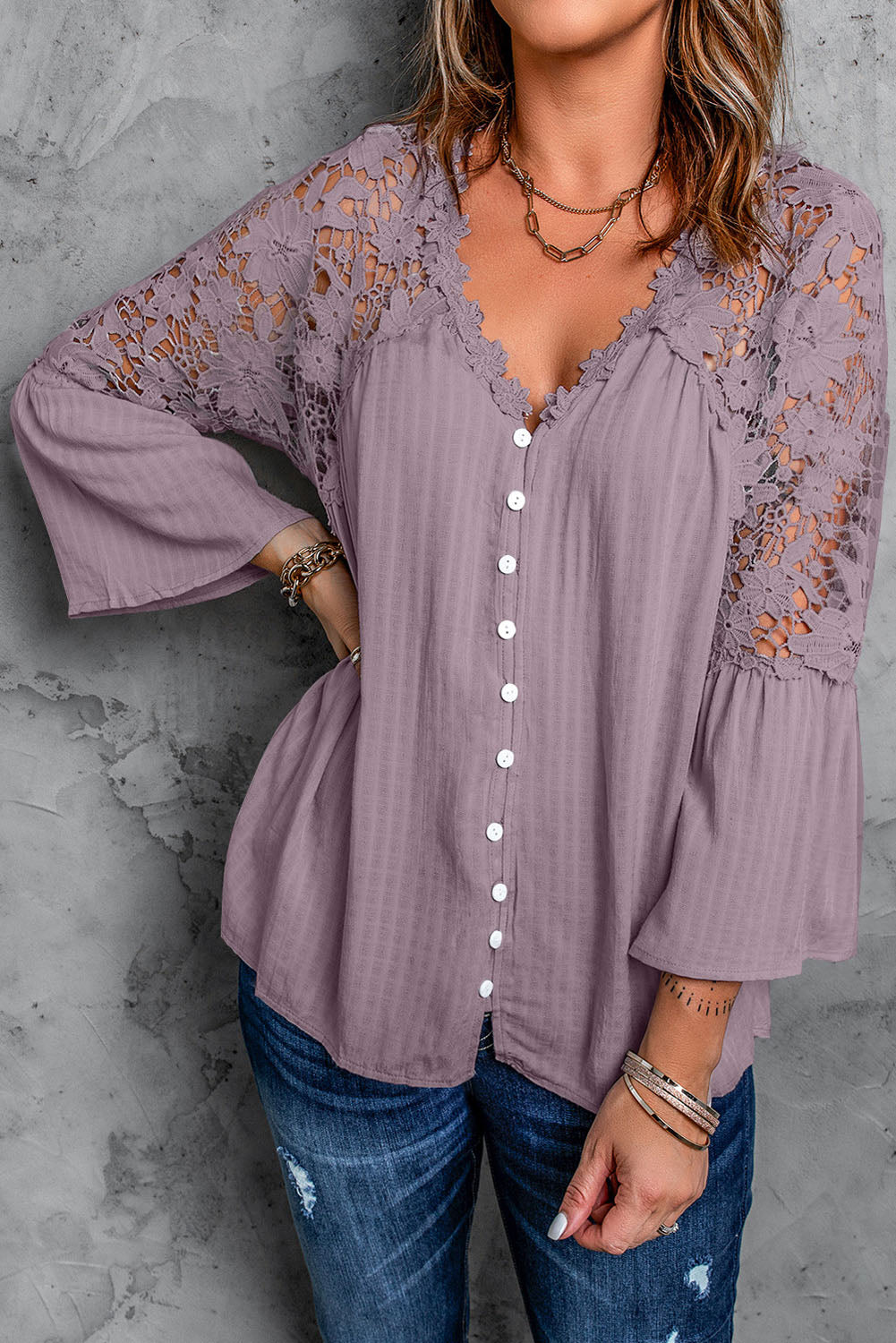 Chic Women's Purple Crochet Lace Button-Up Top - Stylish & Comfortable for Casual or Dressy Events