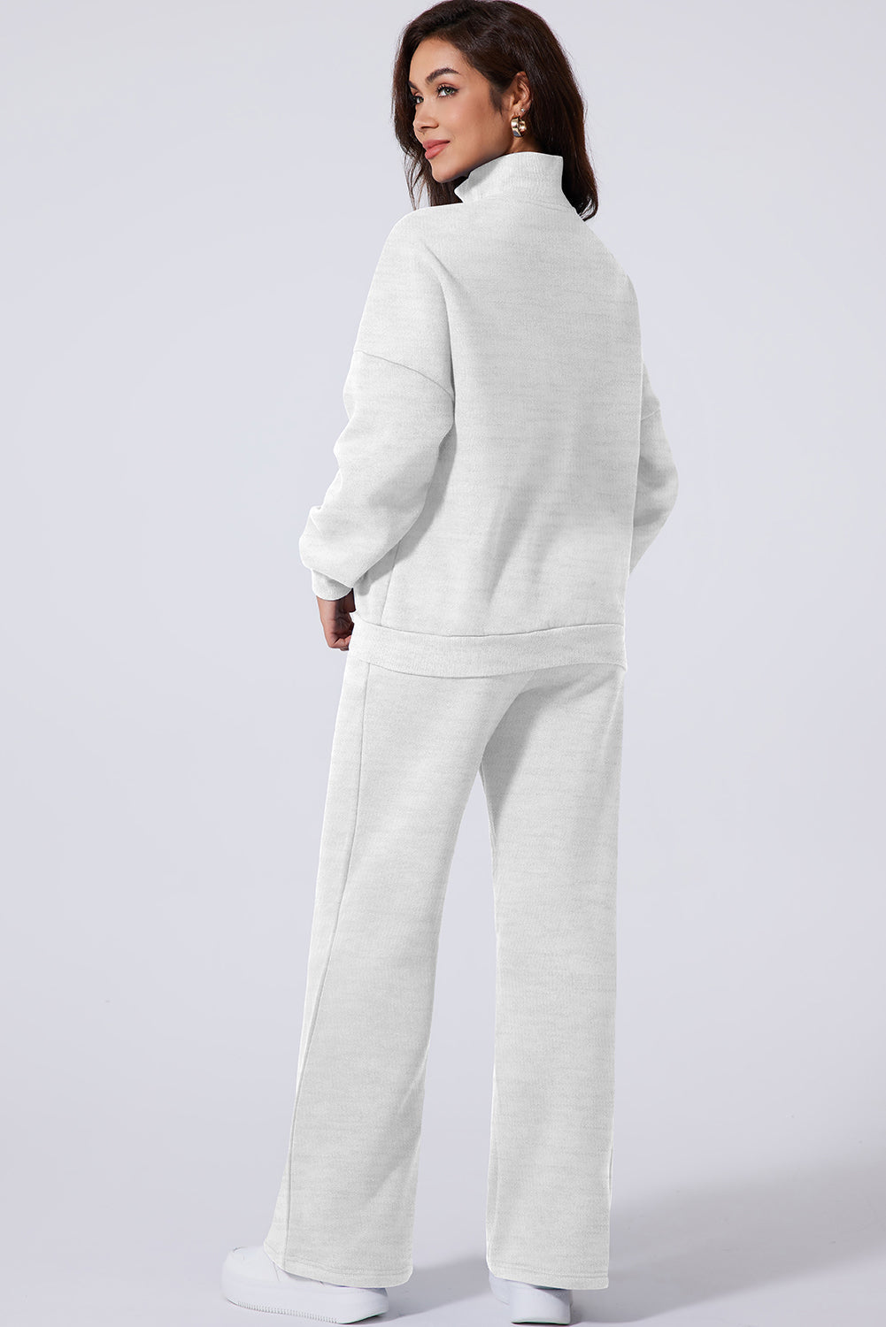 Women's Light Grey Activewear Set: Drop Shoulder Zip-Up Jacket & Drawstring Pants for Stylish Comfort in Fitness