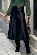 Chic Black Faux Leather Midi Skirt for Women with Retro Buckle and Pleated Flare - Effortless Stylish Look