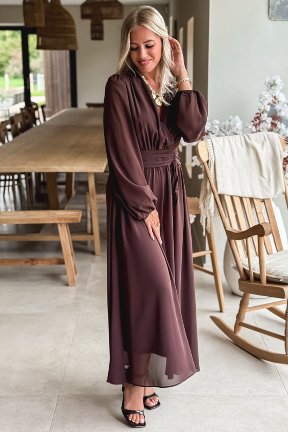 Chic Dark Brown Long Sleeve V-Neck Pleated High Waist Maxi Dress for Women Ideal for Formal and Casual Events
