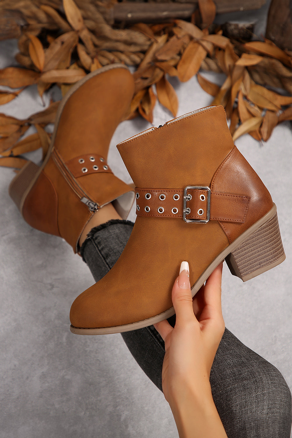 Stylish Women's Chestnut Faux Leather Ankle Boots with Eyelet Detail & Buckled Chunky Heel for All-Day Comfort