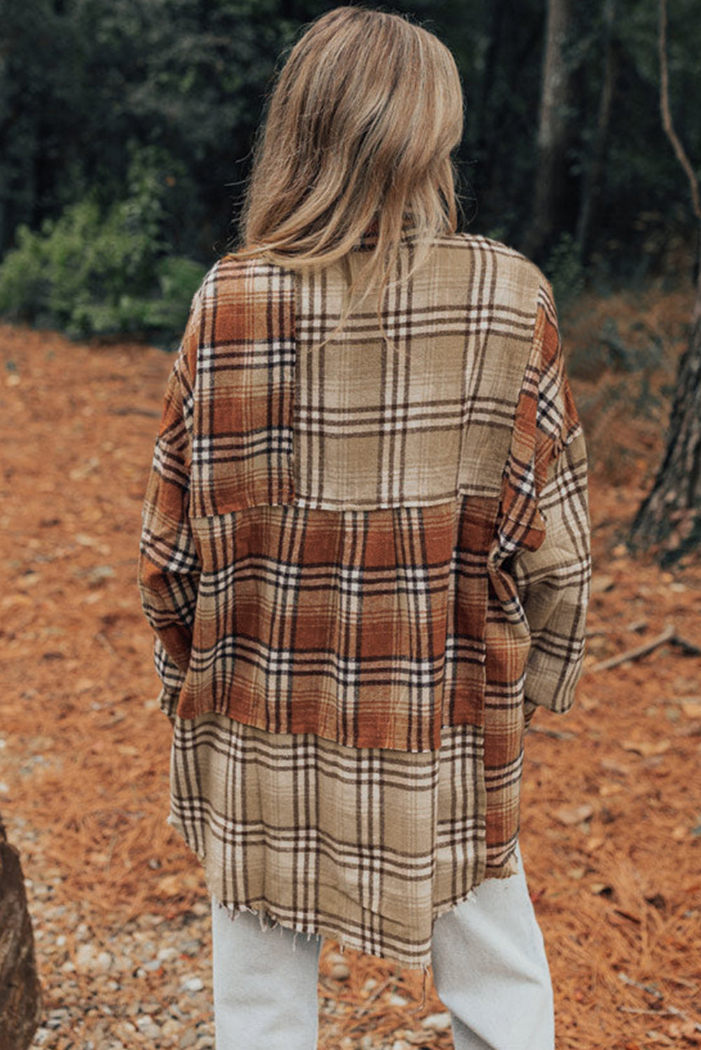 Trendy Women's Khaki Plaid Colorblock High-Low Shacket Jacket - Stylish Layering Essential for Fall Fashion