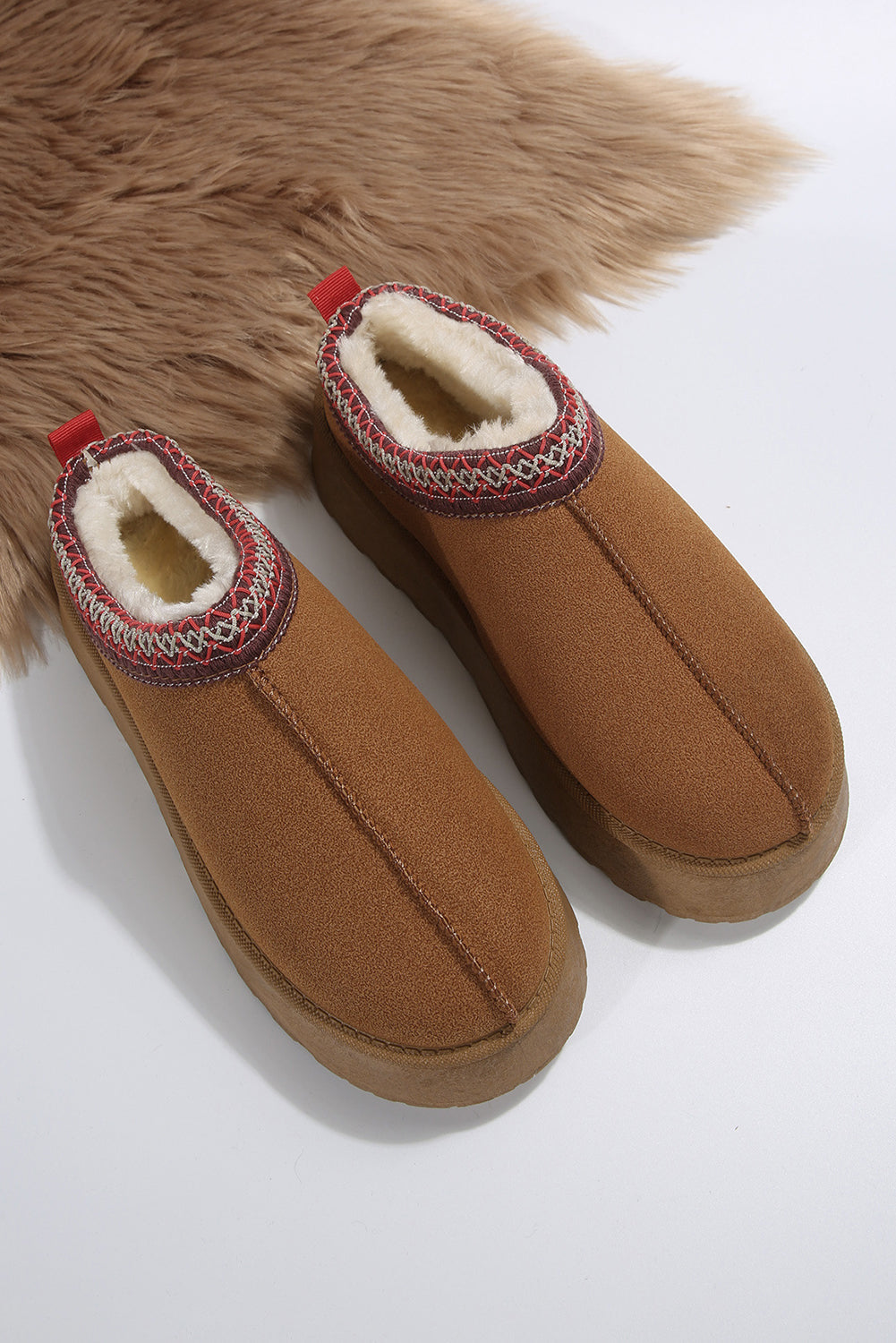 Women's Chestnut Suede Snow Boots with Plush Lining & Trendy Contrast Print for Cozy Winter Style