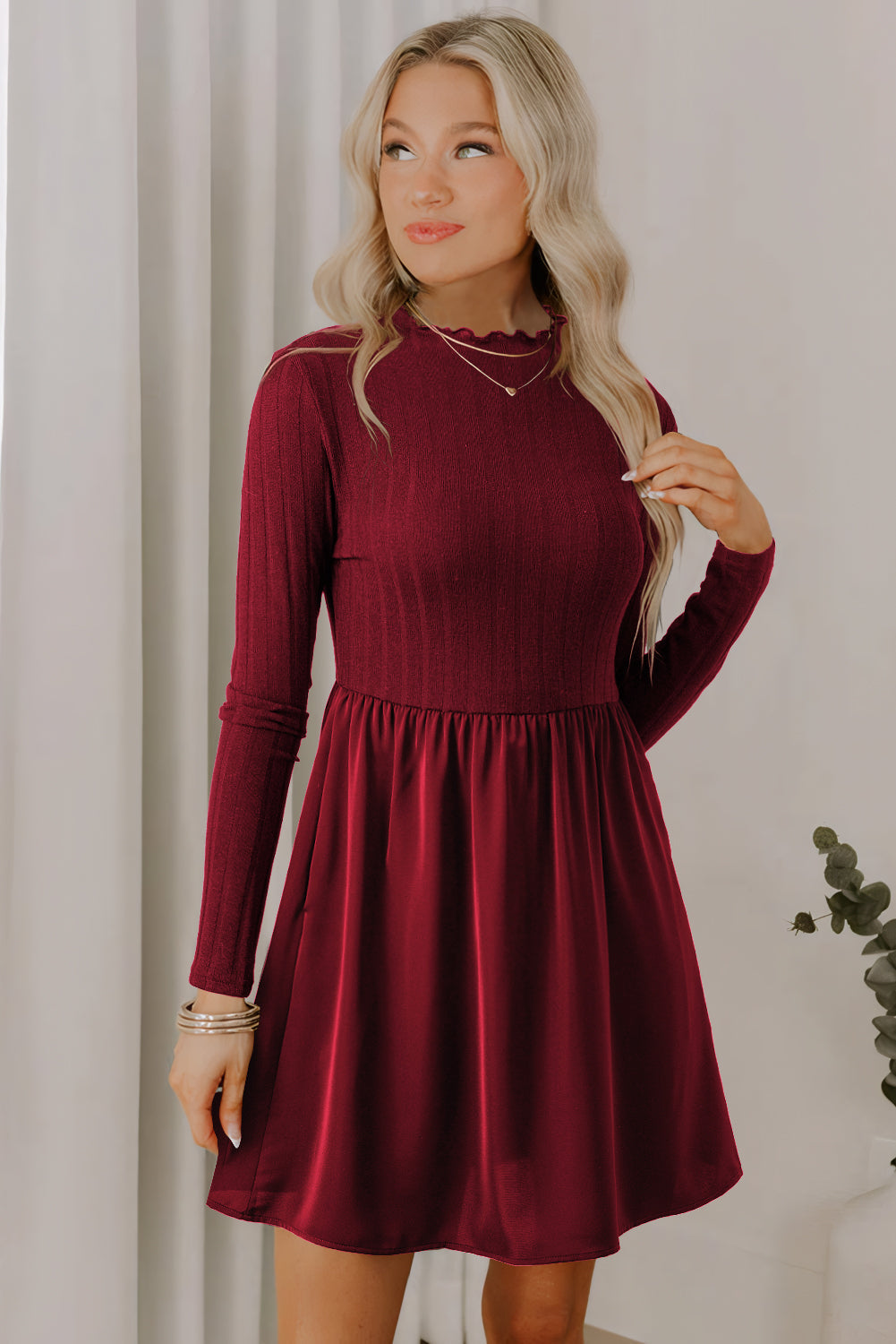 Chic Women's Red Ribbed Knit Mini Dress with Frilled Neck and Stylish Patchwork Design for Effortless Elegance