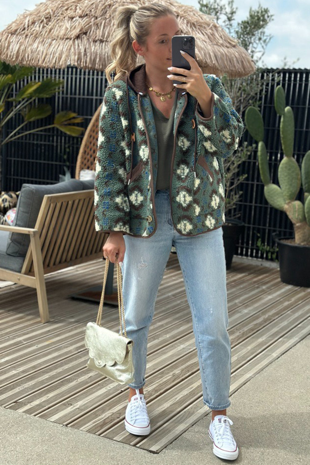 Women's Green Western Style Plush Hooded Jacket with Contrast Patchwork and Button Closure