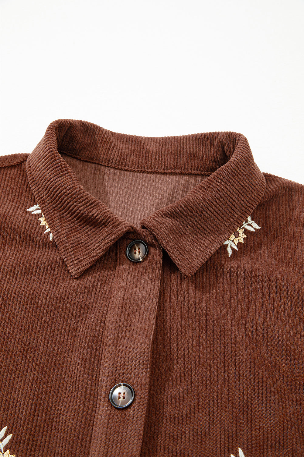 Women's Fall Coffee Floral Embroidered Corduroy Jacket with Button Front, Pockets, and Chic Collar for Effortless Style