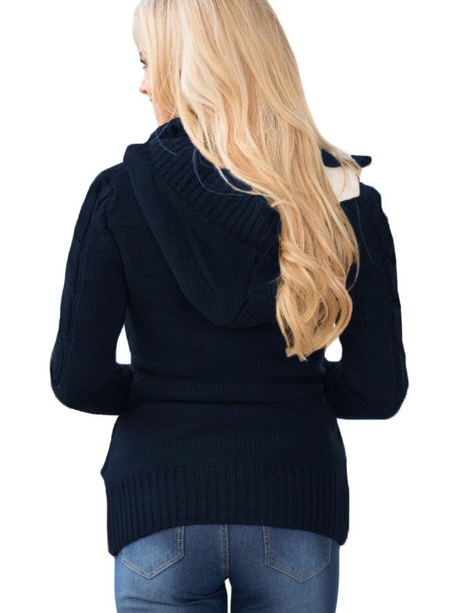 Navy Blue Cable Knit Faux Fur-Lined Hooded Sweater Coat