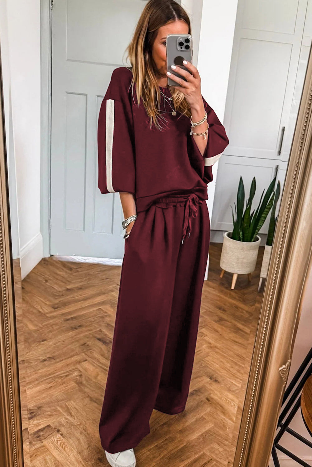 Burgundy Women's Casual Varsity Striped 3/4 Sleeve Pullover & Drawstring Sweatpants Set for Ultimate Comfort