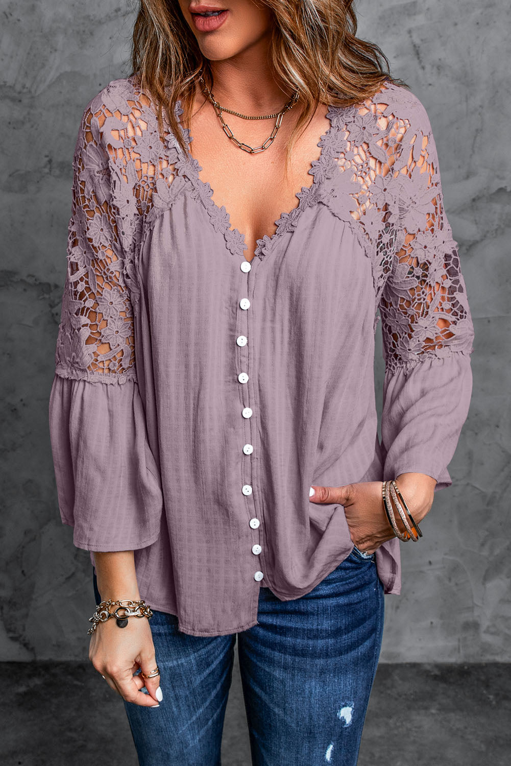 Chic Women's Purple Crochet Lace Button-Up Top - Stylish & Comfortable for Casual or Dressy Events