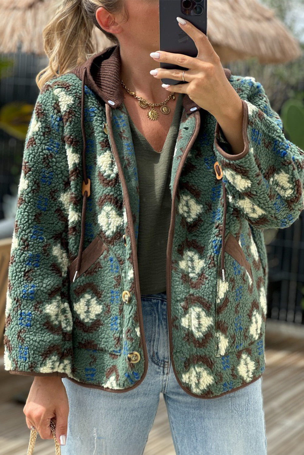 Women's Green Western Style Plush Hooded Jacket with Contrast Patchwork and Button Closure