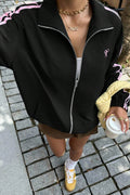 Chic Women's Black Zip-Up Sweatshirt Jacket with Bow Embroidery for Cozy, Stylish Comfort and Effortless Layering
