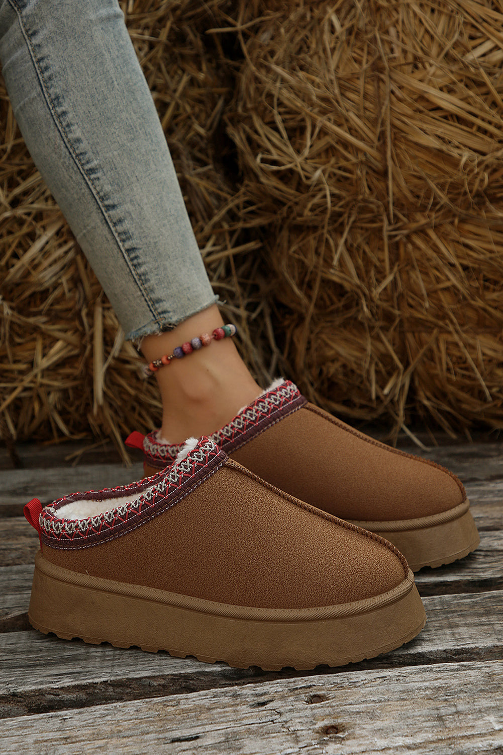 Women's Chestnut Suede Snow Boots with Plush Lining & Trendy Contrast Print for Cozy Winter Style