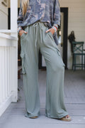 Chic Women's Aqua High Waist Wide Leg Pants with Drawstring & Flap Pockets for Ultimate Comfort and Style