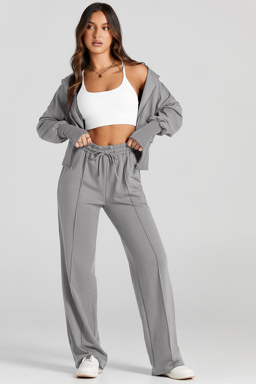 Women's Gray Hooded Jacket & Sweatpants Activewear Set Stylish Comfort for Casual Outings and Workouts