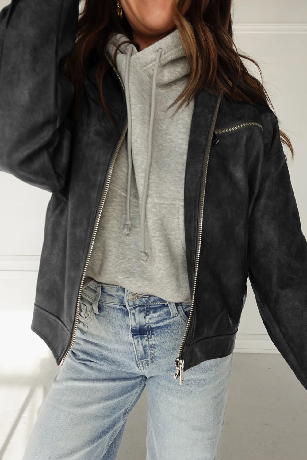 Women's Carbon Grey Vintage Faux Leather Jacket with Button Pleats and Zipper, Stylish Cuffed Sleeves for Chic Looks