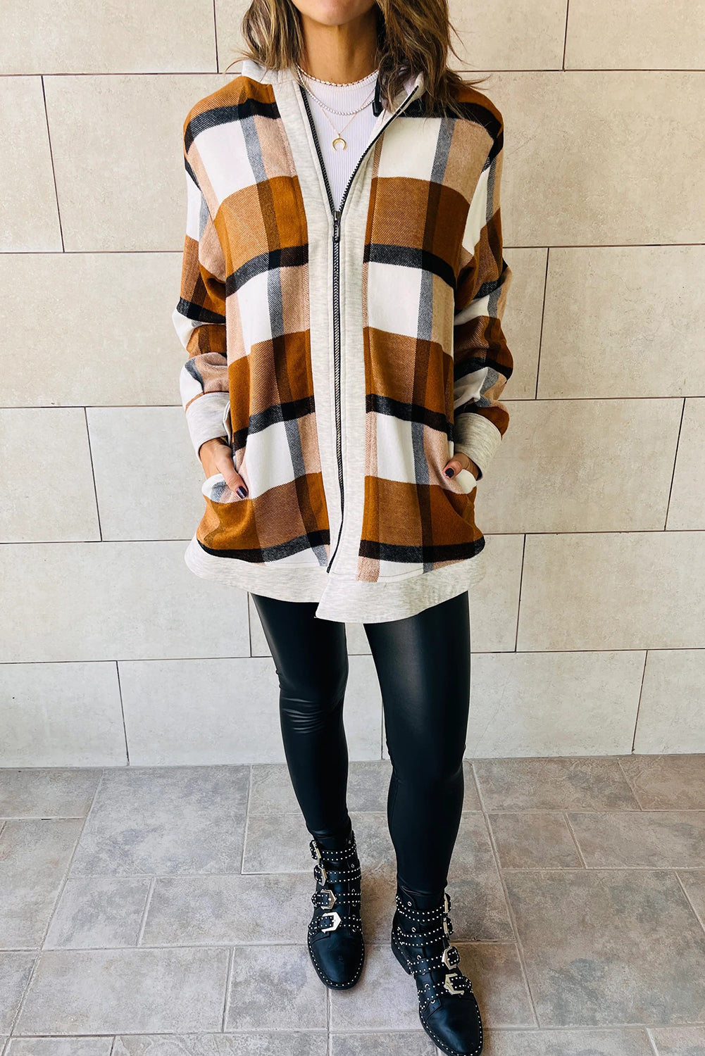 Stylish Women's Brown Vintage Plaid Hooded Zip-Up Jacket with Contrast Trim - Cozy Fall Outerwear for Effortless Chic