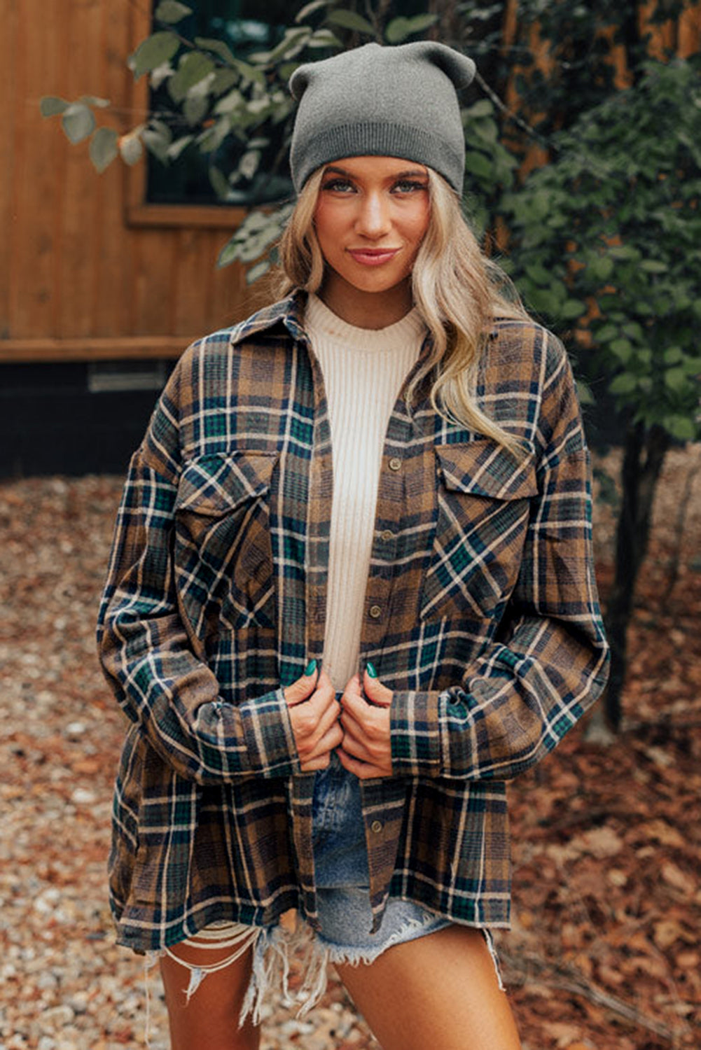 Stylish Women's Brown Plaid Button-Up Shirt Jacket with Chest Pockets Versatile Outerwear for Casual & Chic Looks