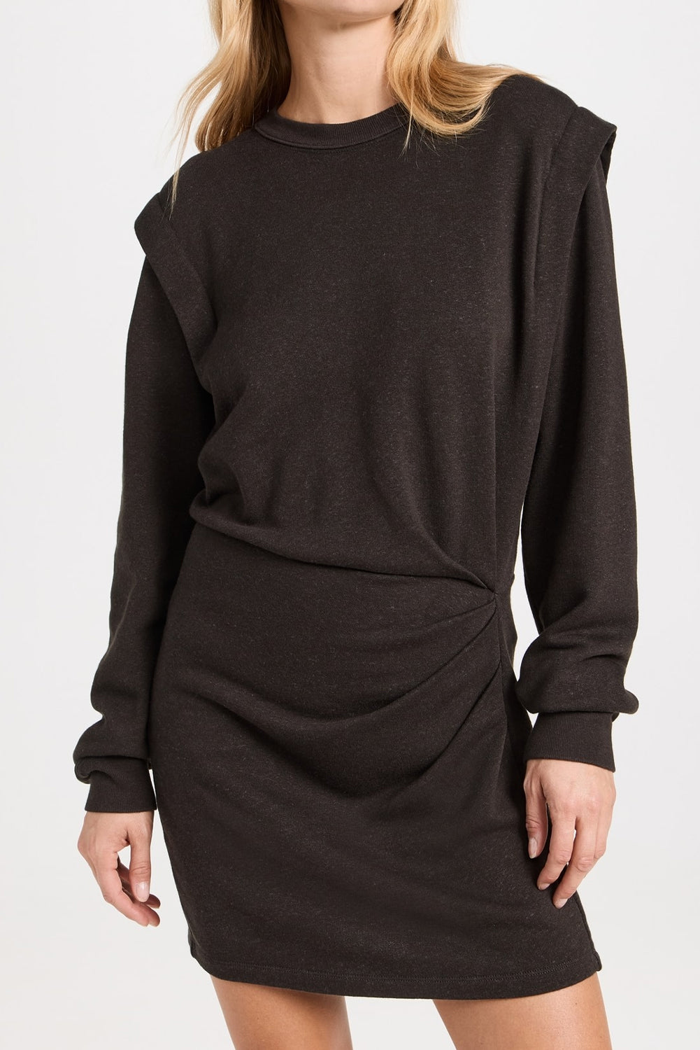 Women's Carbon Grey Long Sleeve Pleated Mini Dress - Chic Faux Two-Piece Style for Casual or Evening Events