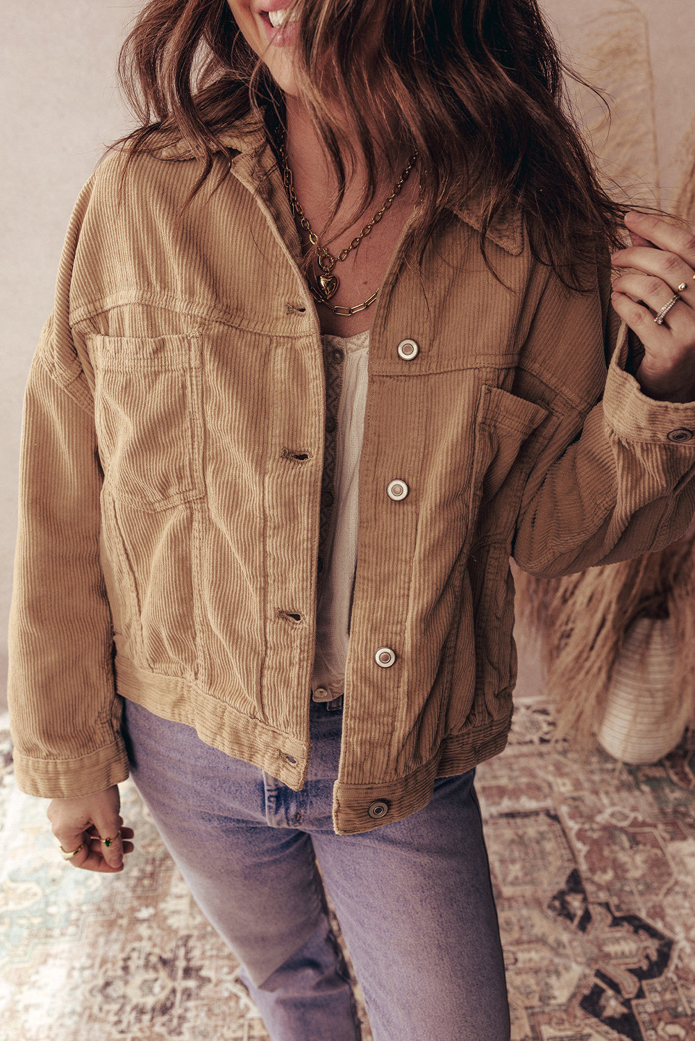 Plus Size Women's Cozy Camel Corduroy Jacket with Double Pockets - Stylish Fall Outerwear for Effortless Layering