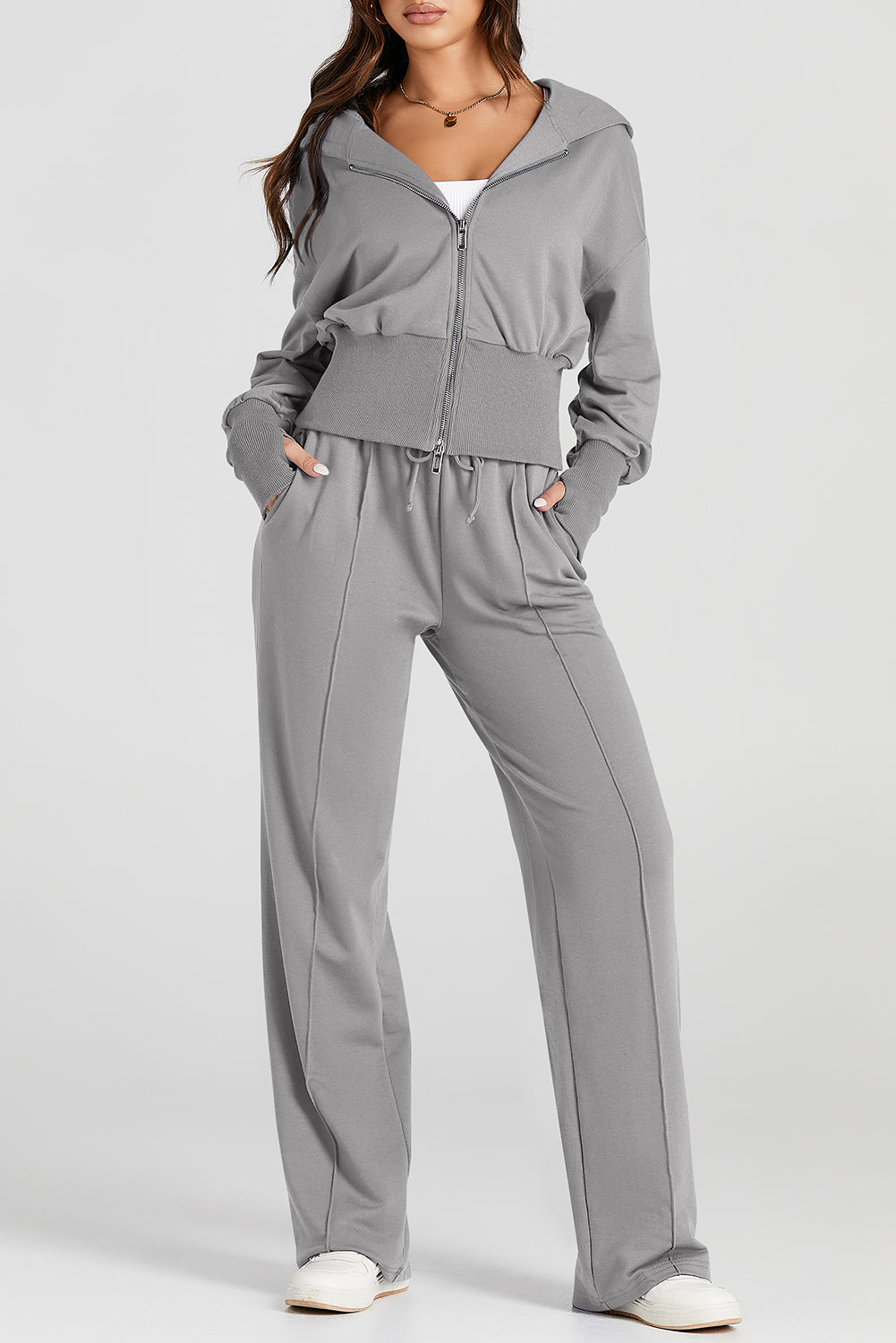Women's Gray Hooded Jacket & Sweatpants Activewear Set Stylish Comfort for Casual Outings and Workouts