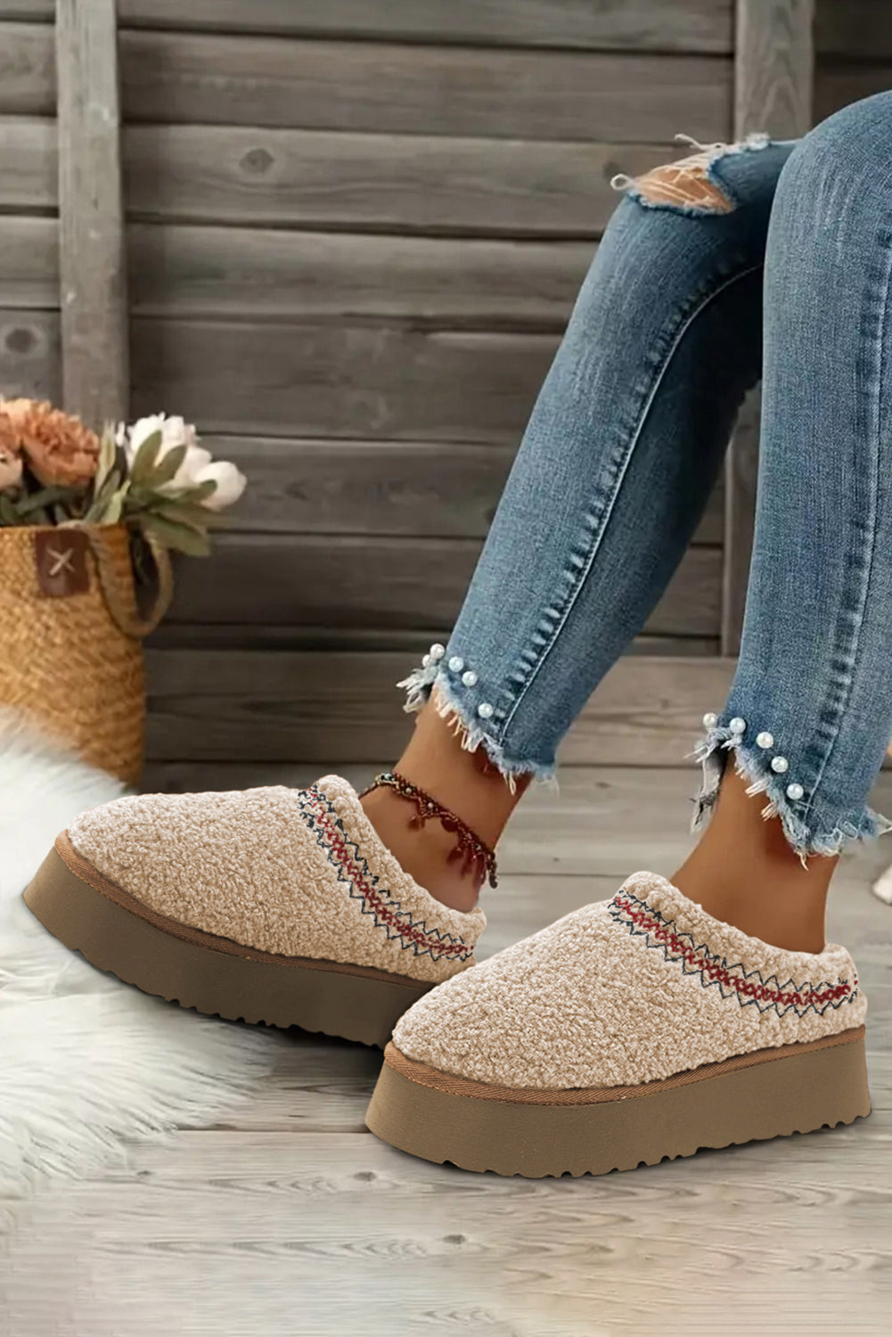 Cozy Women's Oatmeal Sherpa Snow Boots with Embroidery and Thick Sole for Stylish Winter Comfort