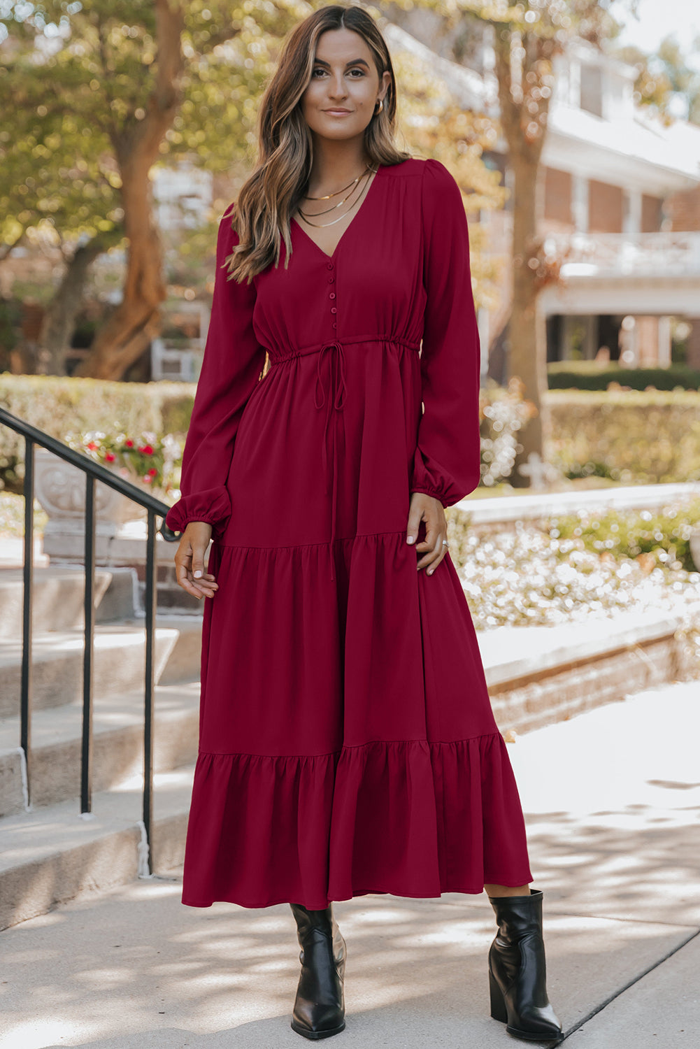 Elegant Burgundy Long Sleeve V-Neck Tiered Maxi Dress for Women Flowy Fit Perfect for Parties and Special Occasions