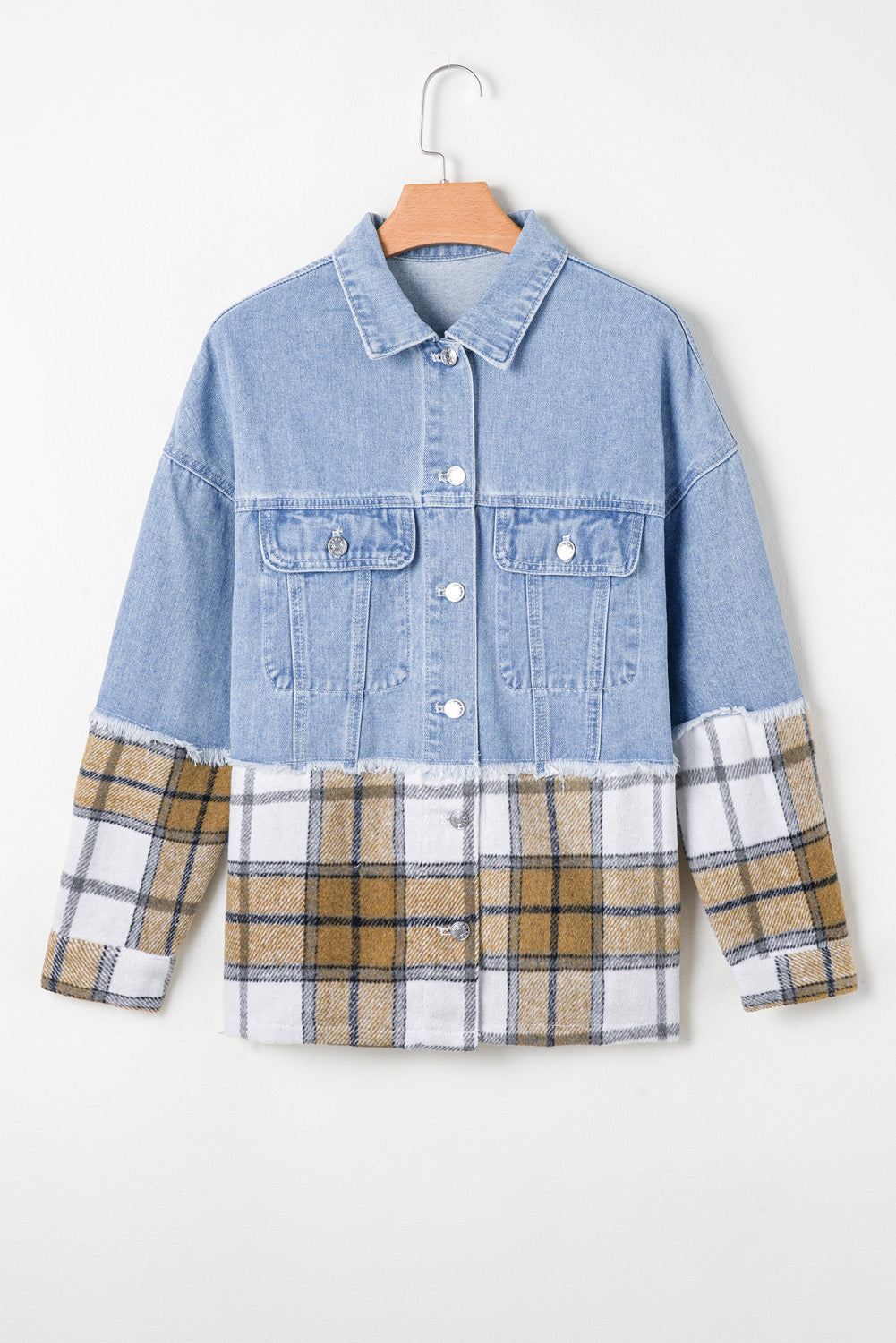 Trendy Women's Khaki Plaid Oversized Denim Jacket with Button Closure Chic Casual Outerwear for Effortless Style