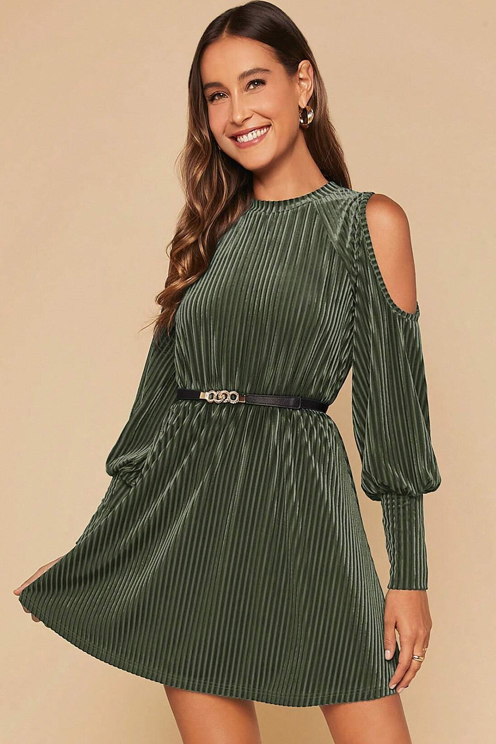 Elegant Women's Mist Green Velvet Cold Shoulder Mini Dress with Flared Hem and Textured Bishop Sleeves