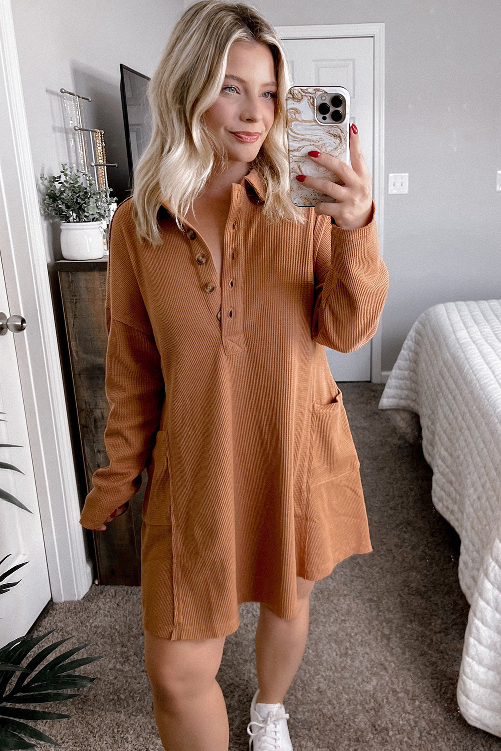 Chestnut Waffle Knit Dress for Women - Stylish Button Collar, Split Neck & Comfortable Fit for Casual or Dressy Events