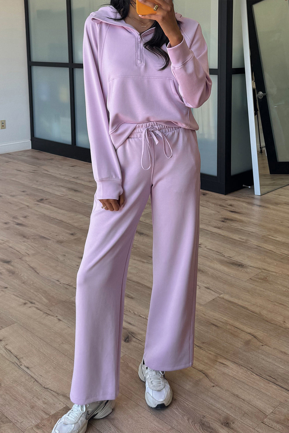 Women's Stylish Orchid Bouquet Half Zip Hoodie & Active Pants Set - Comfortable Thumbhole Sleeve 2-Piece Outfit