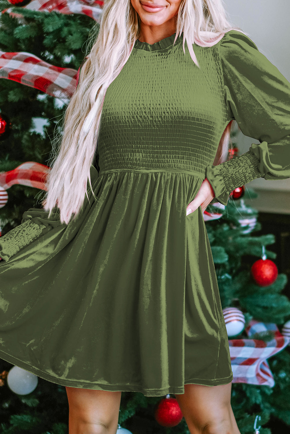 Elegant Moss Green Velvet Dress for Women with Frilled Neck, Smocked Bodice, and Flattering Fit for Special Occasions