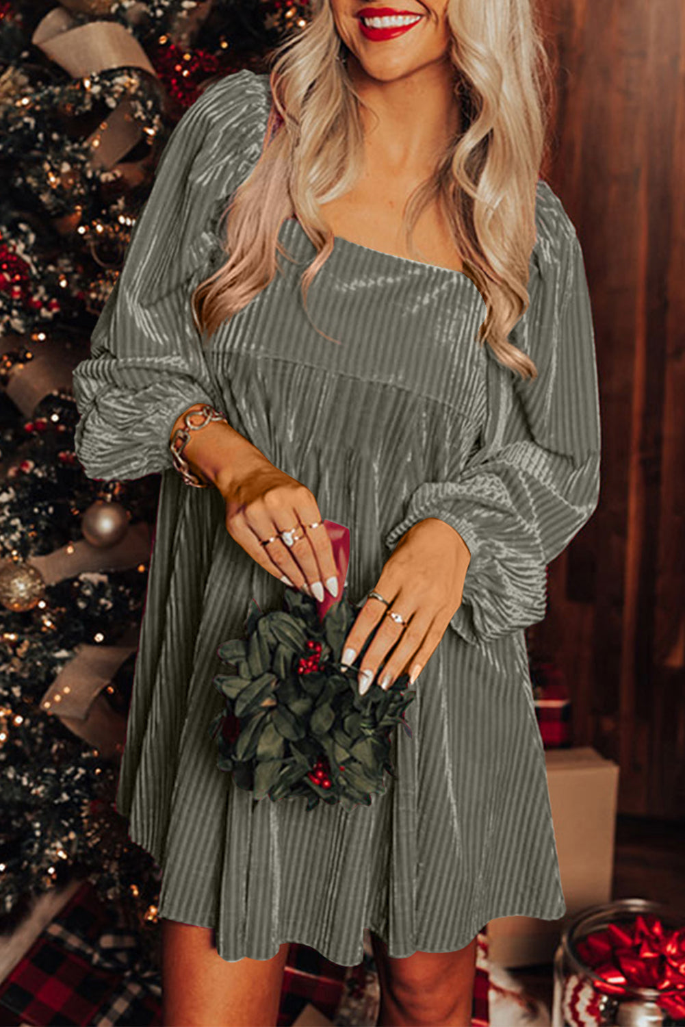 Elegant Women's Gray Velvet Babydoll Dress with Tie Back and Square Neck Stylish, Comfortable Fit for Every Occasion
