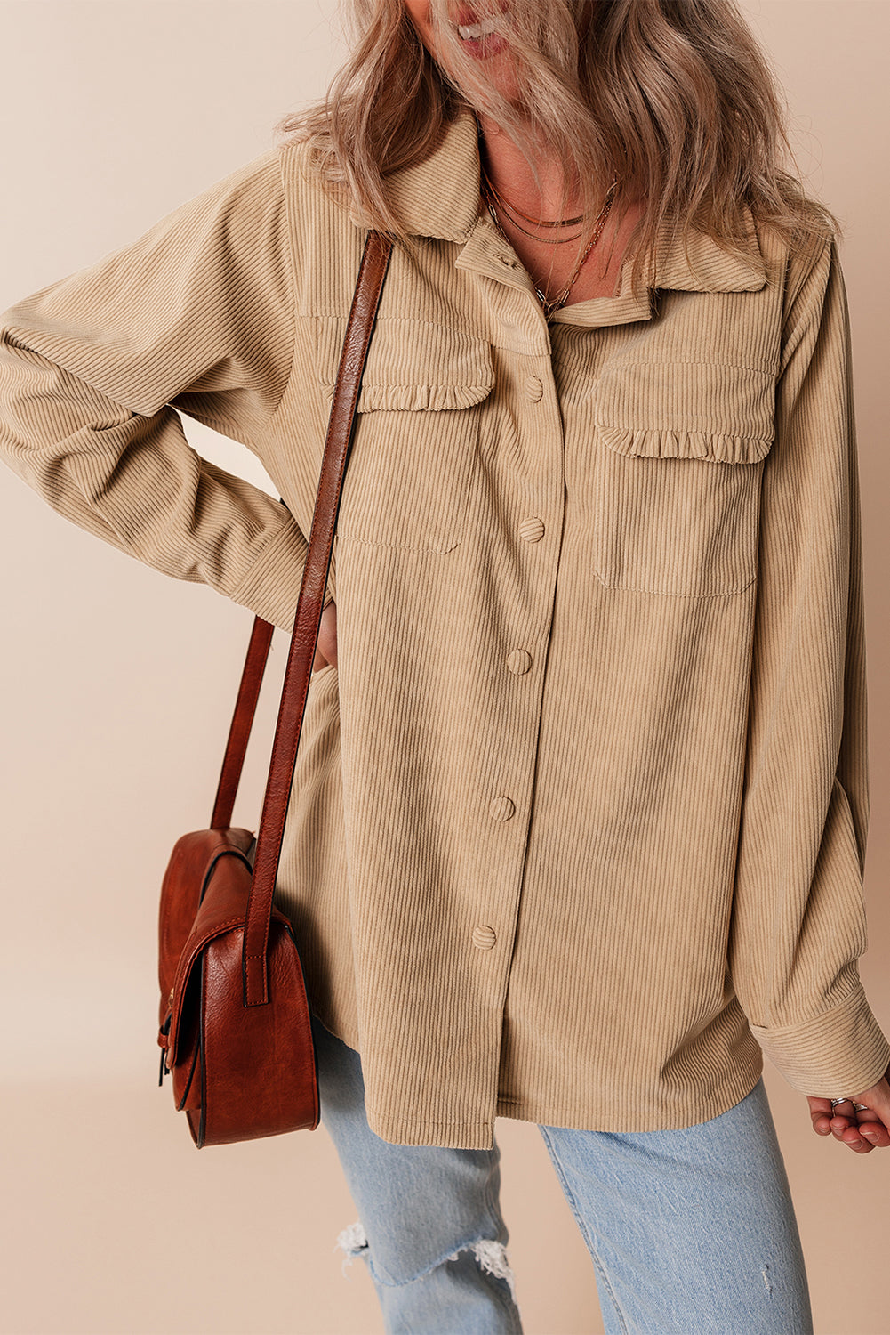 Women's Light Beige Corduroy Shacket with Frilled Pockets - Chic Button-Up Jacket for Casual Fall Fashion