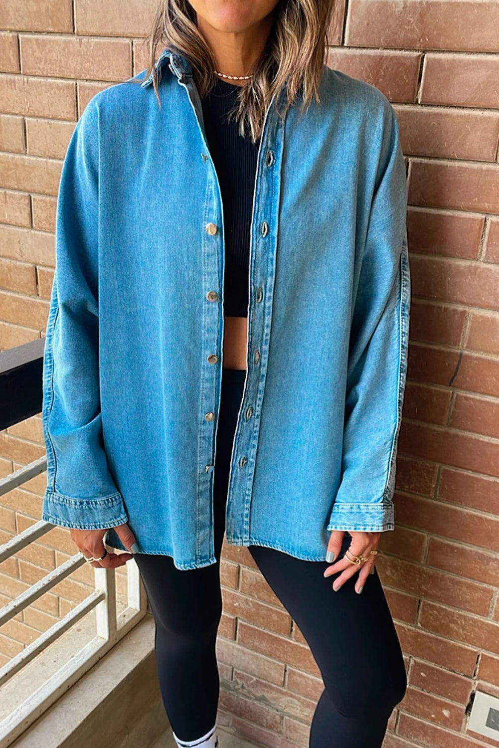 Light Blue Boyfriend Denim Jacket for Women with Contrast Panel & Buttons - Stylish Casual Chic for Everyday Outfits