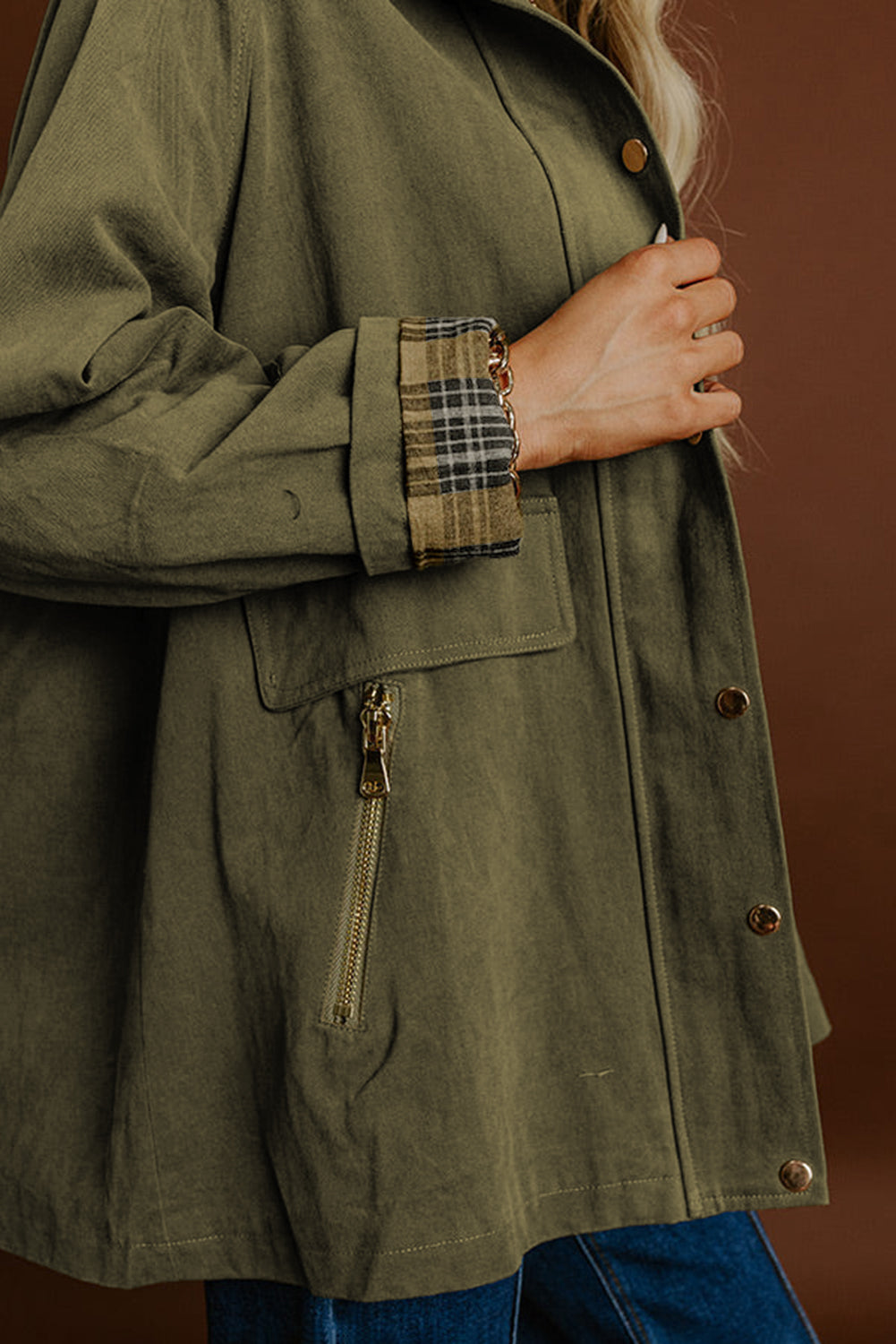 Women's Moss Green Color Block Utility Jacket with Leopard Liner and Collar Detail - Stylish & Versatile Outerwear