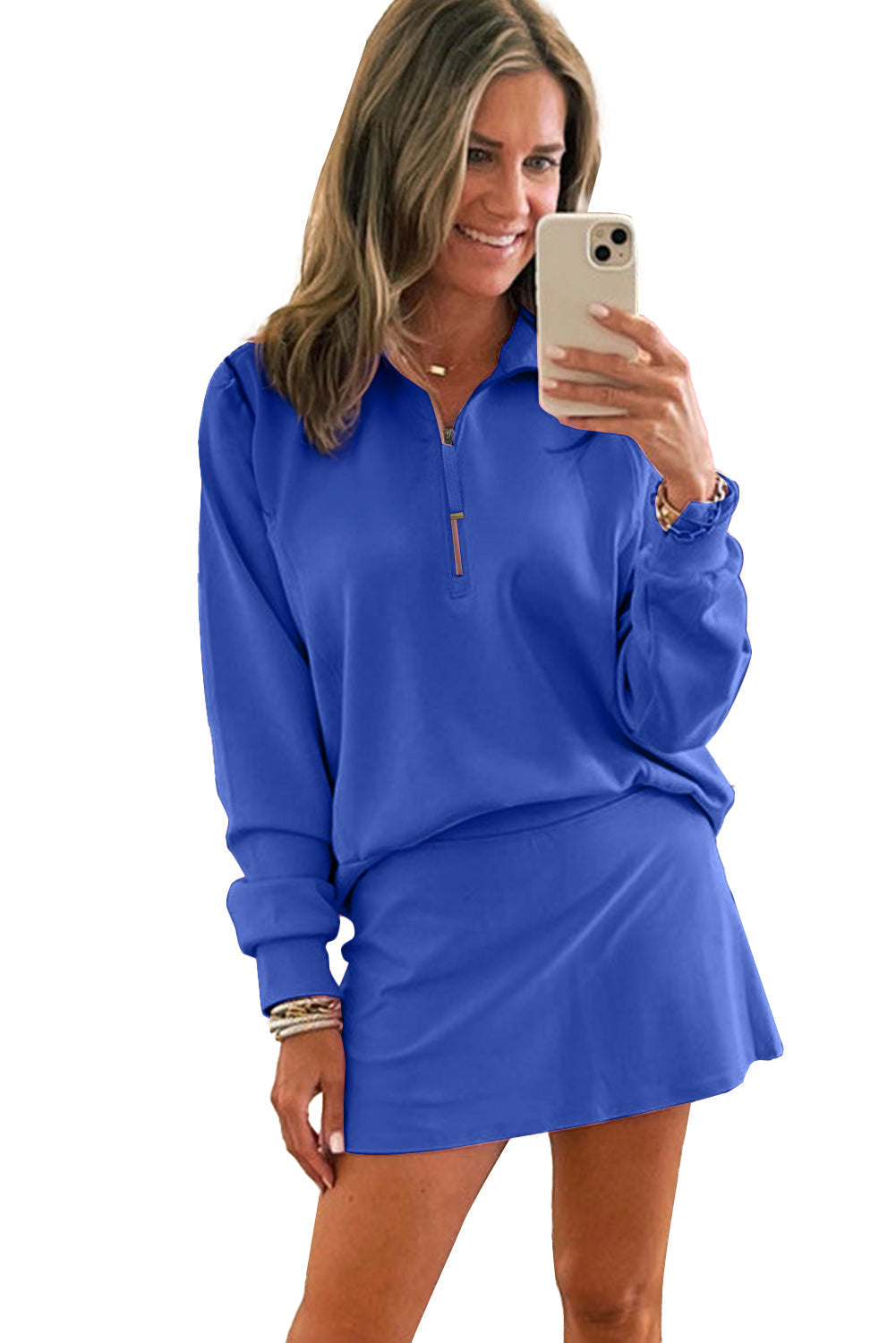 Chic Women's Dark Blue Sporty Half Zip Pullover & Mini Skirt Set - Stylish Activewear for Casual Outings and Fitness