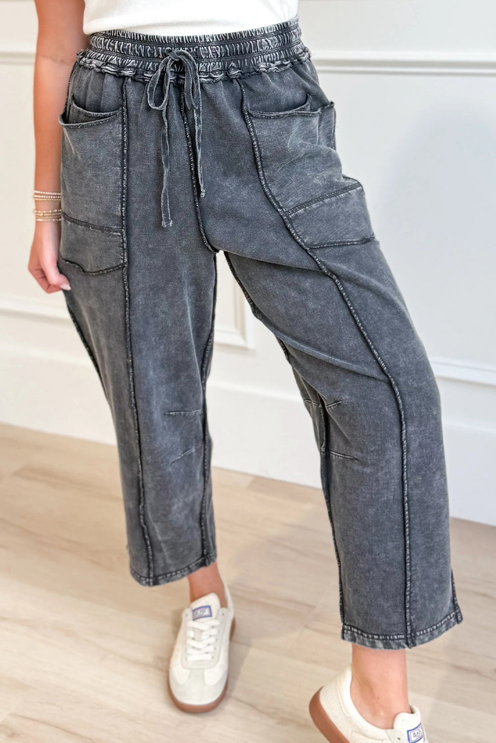 Women's Dark Grey Mineral Wash Loose-Fit Pants with Drawstring Waist and Exposed Seams for Ultimate Comfort