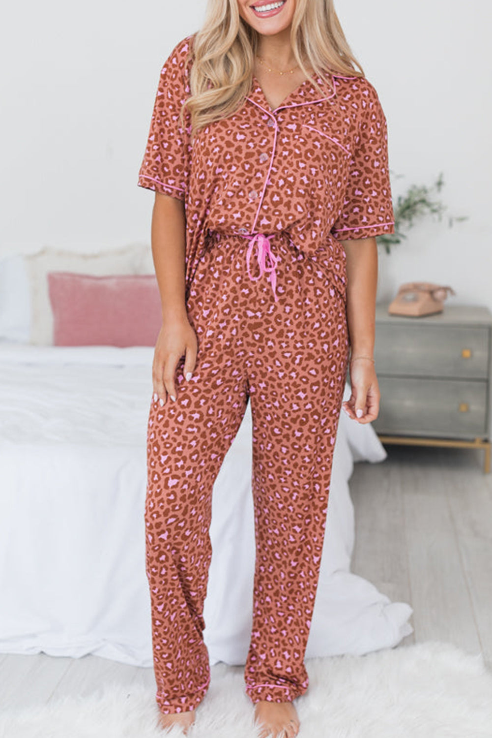 Stylish Women's Brown Leopard Print Short Sleeve Pajama Set with Pants - Cozy Loungewear for Ultimate Comfort