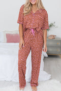 Stylish Women's Brown Leopard Print Short Sleeve Pajama Set with Pants - Cozy Loungewear for Ultimate Comfort