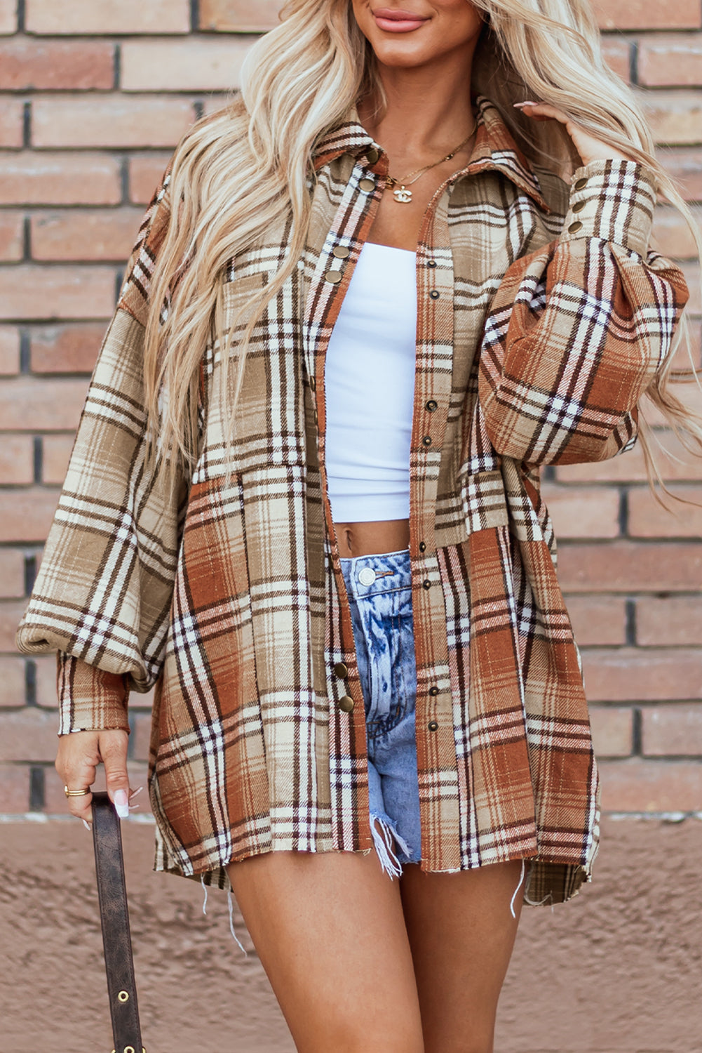 Trendy Women's Khaki Plaid Colorblock High-Low Shacket Jacket - Stylish Layering Essential for Fall Fashion